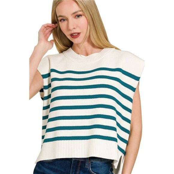 Zenana Oversized Crew Neck Stripe Sweater Vest - Picture 1 of 3